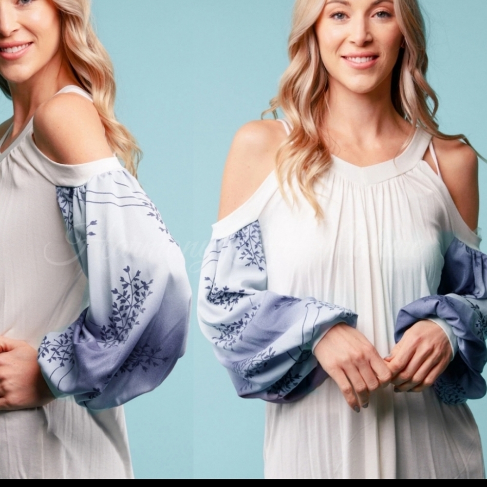 Cream & Blue Cold Shoulder Blouse